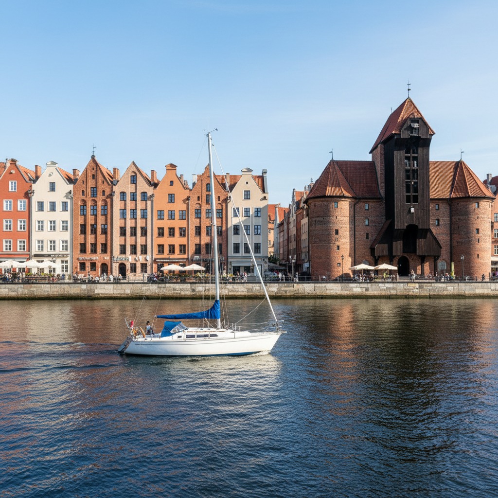 Biała żaglówka płynie rzeką na tle zabytkowej architektury Gdańska, w tym historycznego Żurawia.
